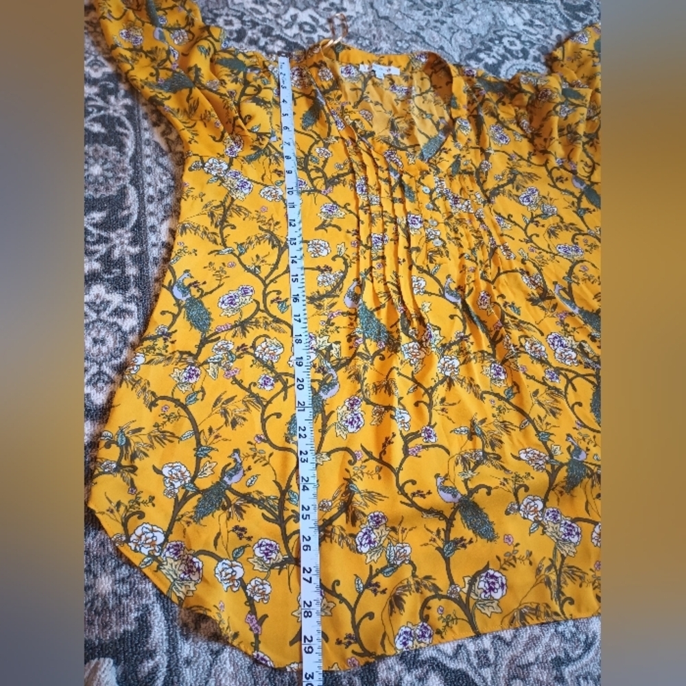 Rose Olive 1X Peacock Floral Peasant Blouse Top Mustard Yellow Button Flowy Boho - Picture 13 of 13